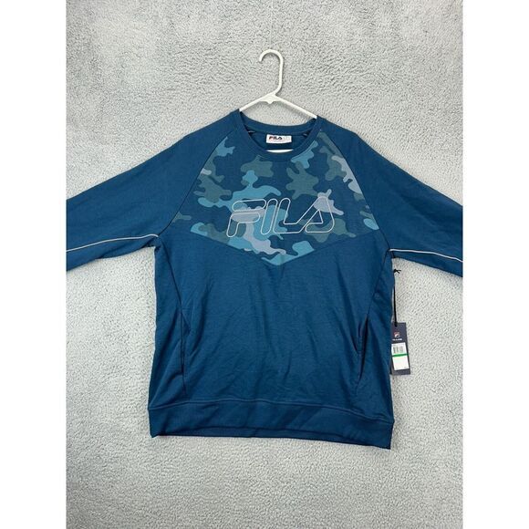 Fila Sweater Mens Large Blue‎ Woodland Camo Graphic Sweatshirt Raglan Sleeve NEW - Picture 1 of 9